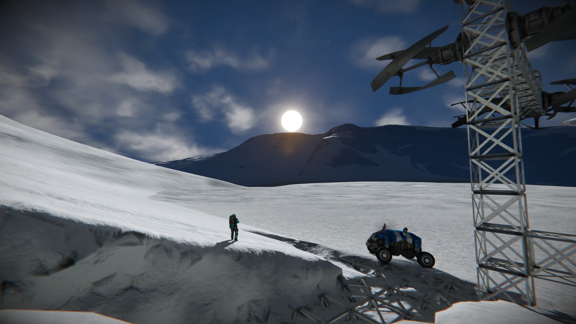 A screenshot of a Space Engineers world. A player stands watching the sun rise above a snow-covered mountain.