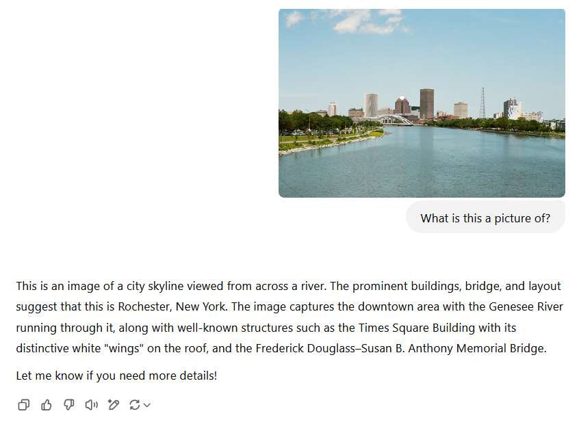 A screenshot of ChatGPT showing a picture of a city skyline uploaded to the service. ChatGPT correctly identifies the exact city and points out notable features.