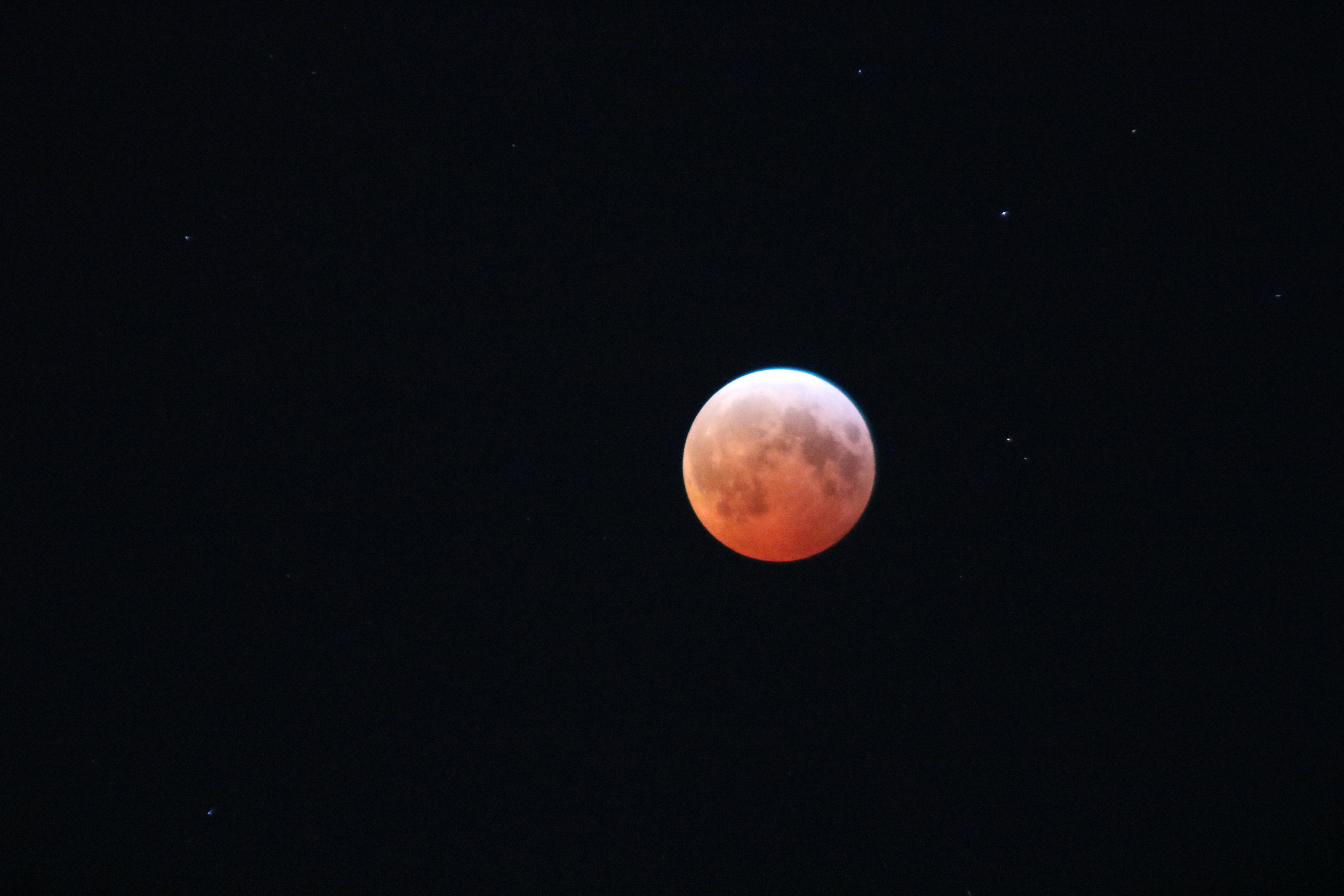 A picture of the 2025 Total Lunar Eclipse on March 14th, 2025 showing totality